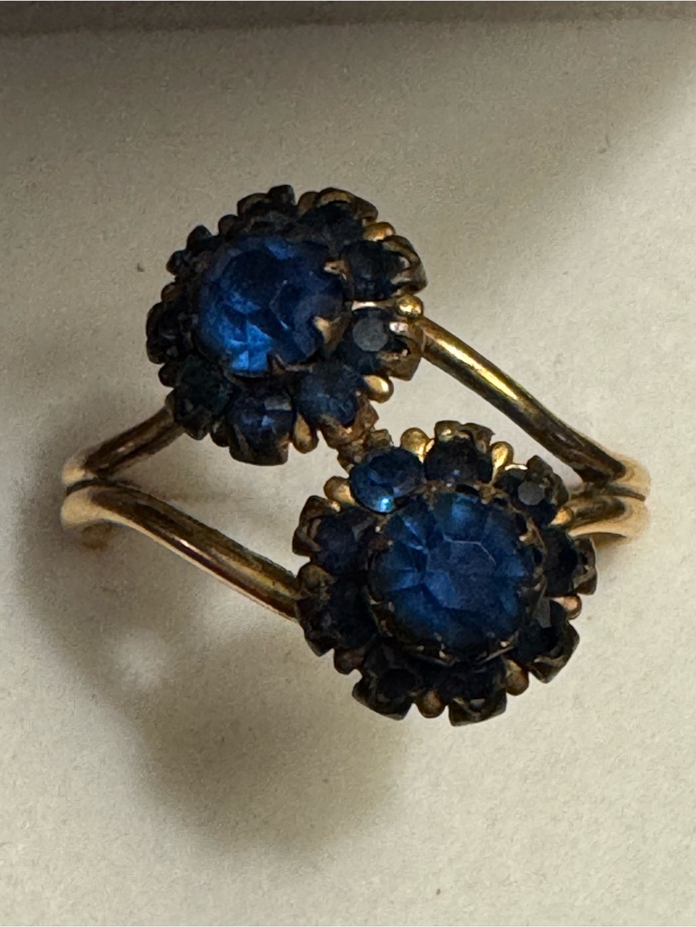 Vintage 14K RGP Sapphire Blue Paste Stone Flower Bypass Ring Adjustable